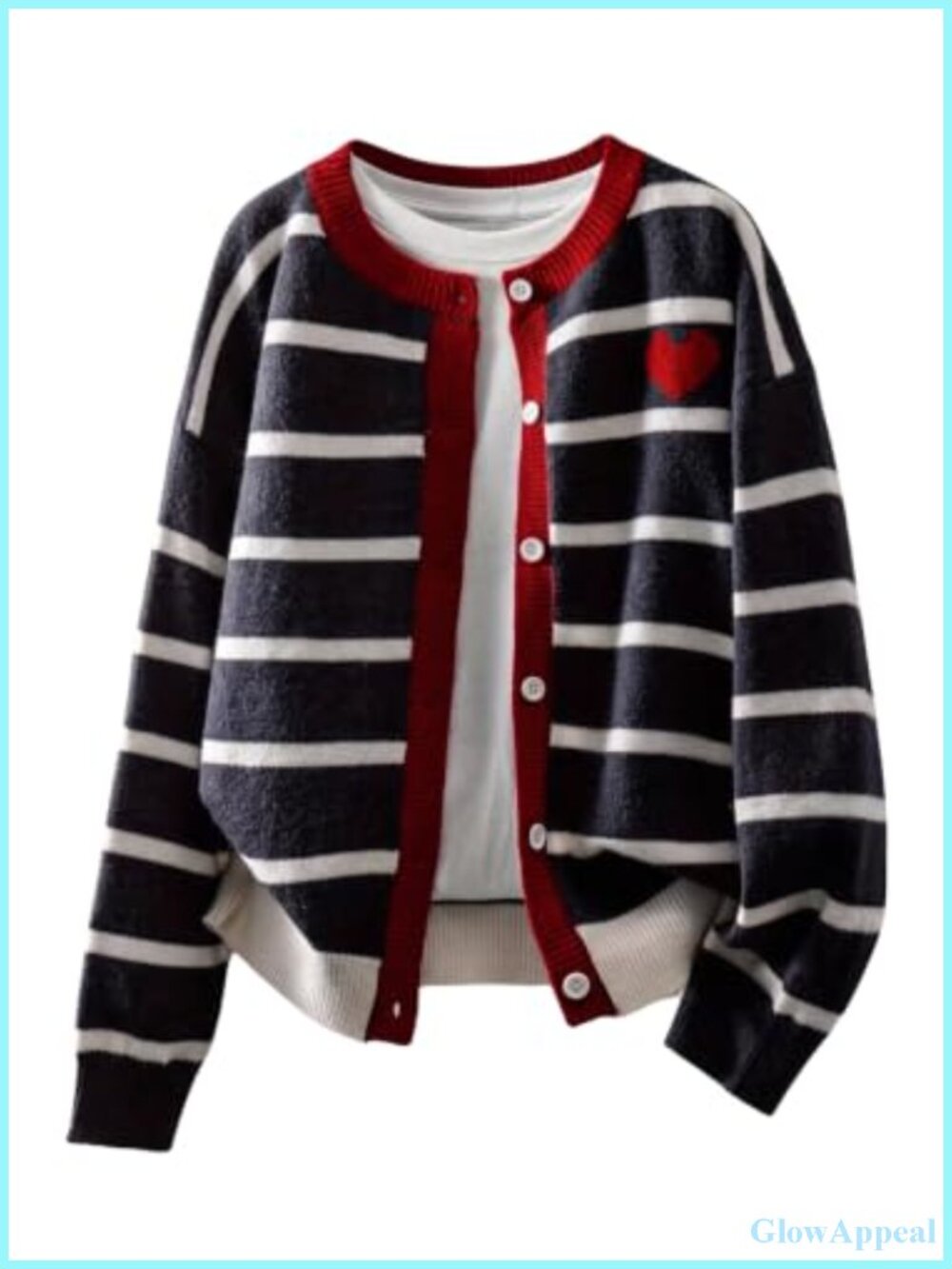 Women's Heart Striped Knit Cardigan Sweater, Long Sleeve Button Down